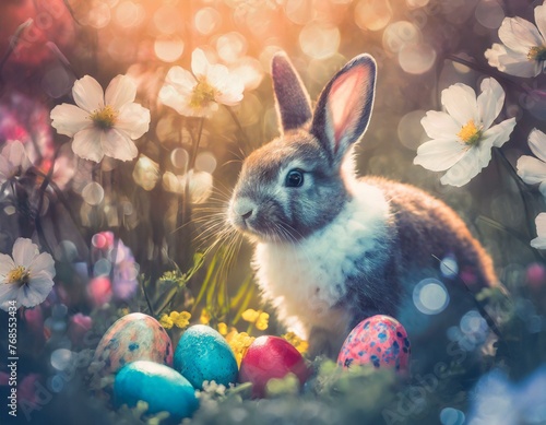 A fluffy Easter bunny secretly placing colorful eggs among blooming flowers in a lush garden. © patsai