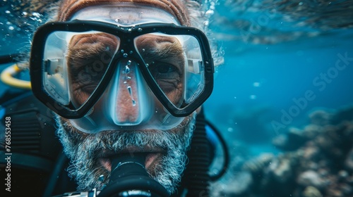 Senior male scuba diver exploring underwater life in the ocean