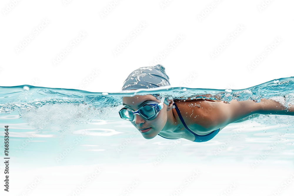 Fototapeta premium A woman is swimming in a pool wearing goggles and a hat