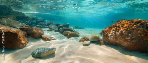 Ocean background with white sand and stones underwater in the tropical blue ocean of Hawaii.