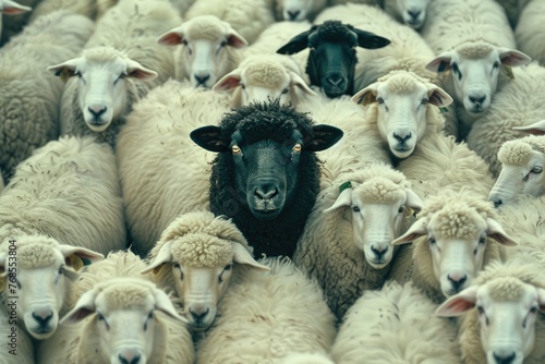 Black sheep standing out among white sheep