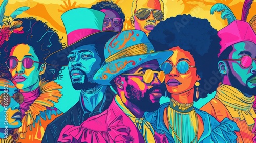 A series of illustrations depicting famous historical figures participating in modern-day activities, blending humor with vibrant, contemporary colors.