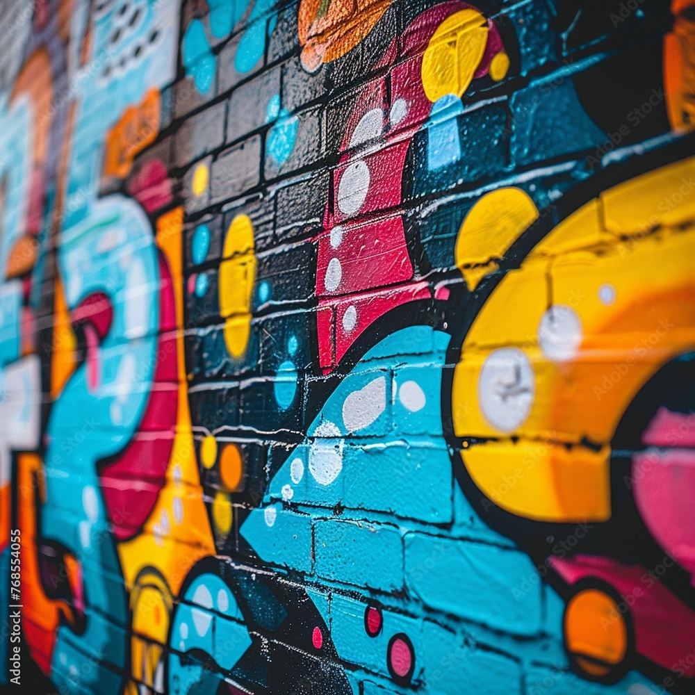 Obraz premium Detailed shot of a startups vibrant, graffitistyle mural wall, symbolizing creativity and disruption, with focus on the artistry and messages , octane render