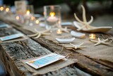 rustic table with burlap runners, starfish escort cards, and tealight boats