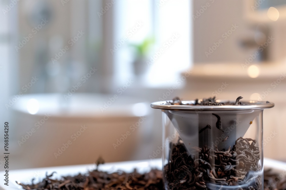 closeup on tea leaves in an infuser, bathroom setting blurry behind - obrazy, fototapety, plakaty 