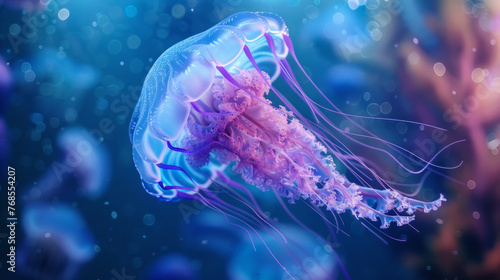 Stunning portrayal of a jellyfish with vivid pink and purple hues illuminating the dark ocean waters