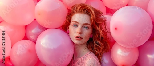 A young woman with a redhead holds a pink balloon