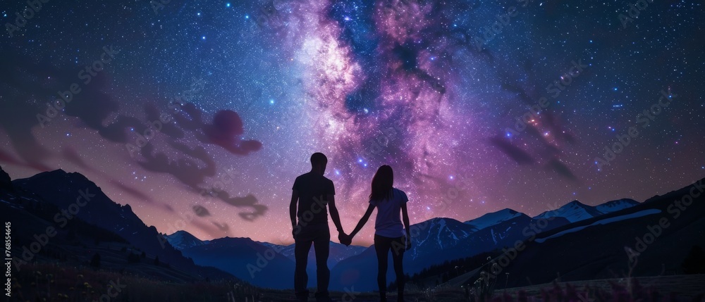 A mountainous landscape with silhouettes of people holding hands against the Milky Way. - obrazy, fototapety, plakaty 