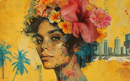 Artistic portrait of a woman with floral headpiece against a vibrant cityscape and palm trees, with a grunge texture overlay.