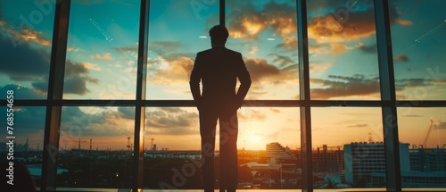 An intelligent young man manager rests after an extended business meeting while standing near a big office window with space for a text message or promotional message.