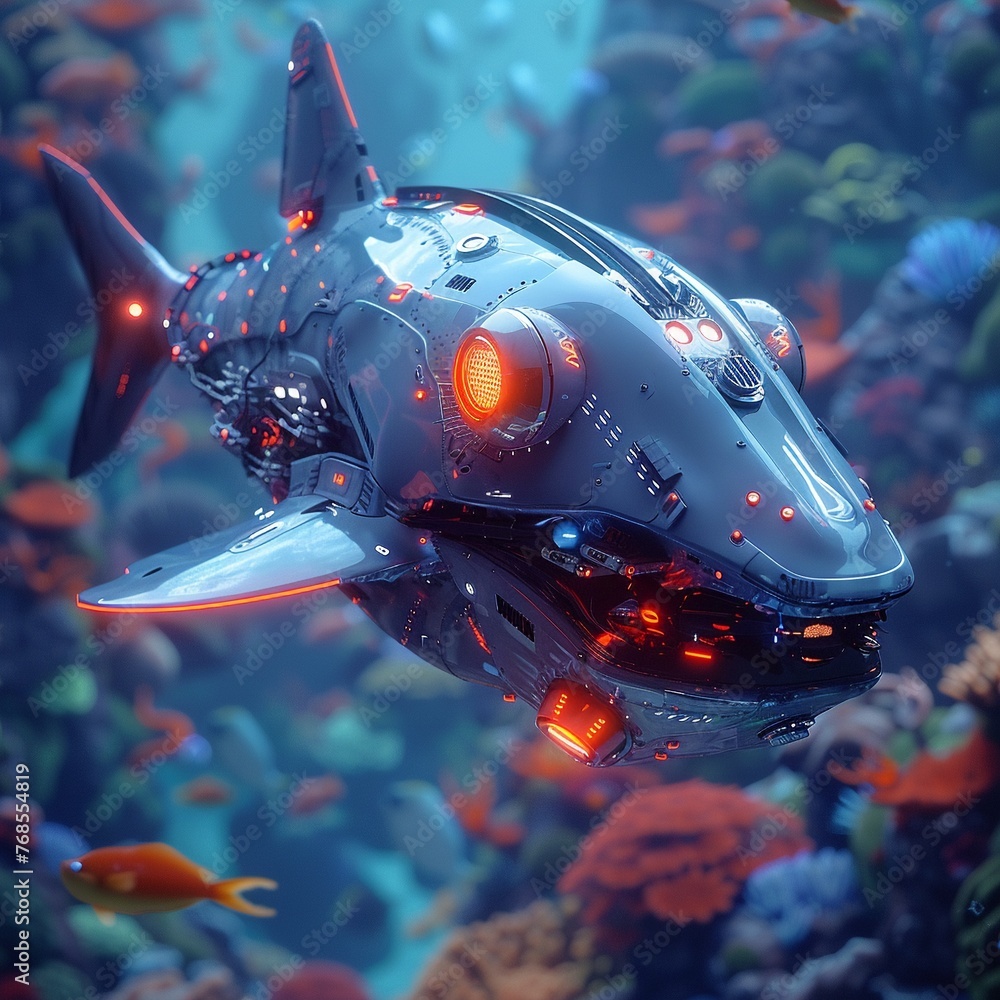 A vibrant, animatedstyle depiction of a robot shark as the guardian of an underwater utopia, with its advanced sonar and AI helping to maintain peace and order among the oceanic communitys diverse inh A vibrant, animatedstyle depiction of a robot shark as the guardian of an underwater utopia, with its advanced sonar and AI helping to maintain peace and order among the oceanic communitys diverse inh