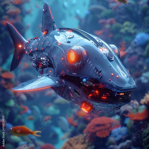 A vibrant, animatedstyle depiction of a robot shark as the guardian of an underwater utopia, with its advanced sonar and AI helping to maintain peace and order among the oceanic communitys diverse inh photo