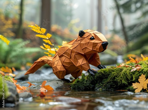 An origami beaver building a dam in a vibrant forest stream, showcasing ingenuity and natures harmony photo