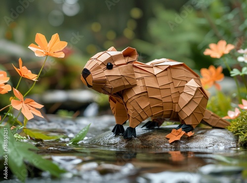 An origami beaver building a dam in a vibrant forest stream, showcasing ingenuity and natures harmony photo