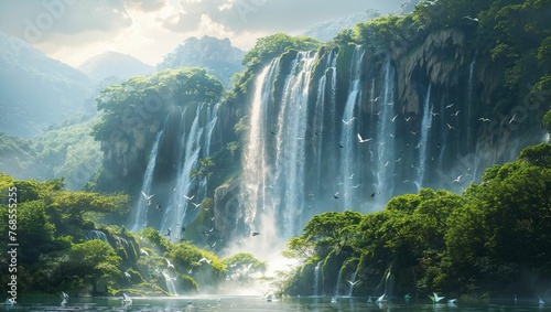 A majestic waterfall with origami birds bathing in the mist, surrounded by a lush, verdant forest