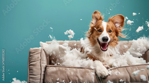 A joyful dog with fluff flying around creates a playful mess on a destroyed sofa, embodying fun and mischief photo