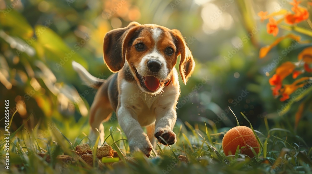 Energetic beagle puppy in playful chase of a bright ball in a sunlit garden
