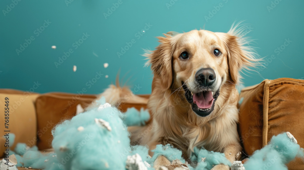 An adorable golden retriever sits amidst a chaos of torn pillow feathers with guilty and playful expression An adorable golden retriever sits amidst a chaos of torn pillow feathers with guilty and playful expression