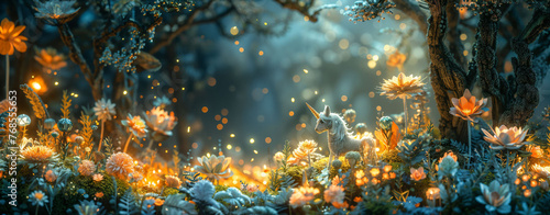 A mystical forest where origami unicorns frolic among twinkling fireflies and ancient, gnarled trees © akarawit