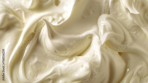 Close Up of White Natural Creamy Vanilla Yogurt. Milk, Background, Cream, Food, Fresh, Swirl, Texture, Healthy, Product, Liquid, Cosmetic, Health, Cheese, Sour, Lotion, Smooth 