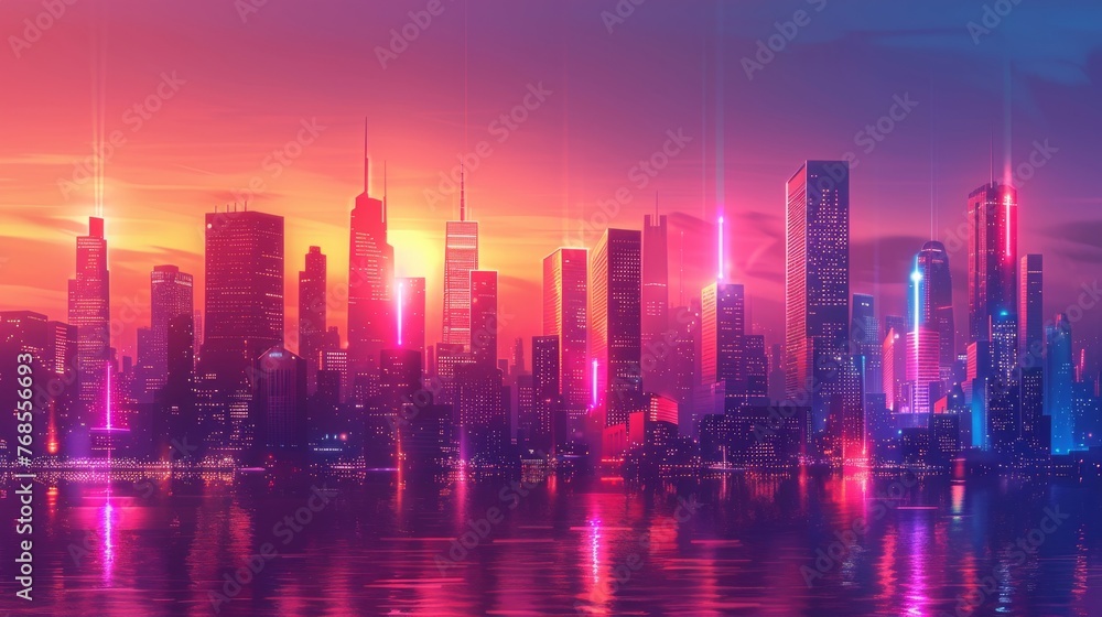 A vibrant cityscape at dusk with buildings outlined in neon lights, using brushes and custom shapes for light streaks and flares.