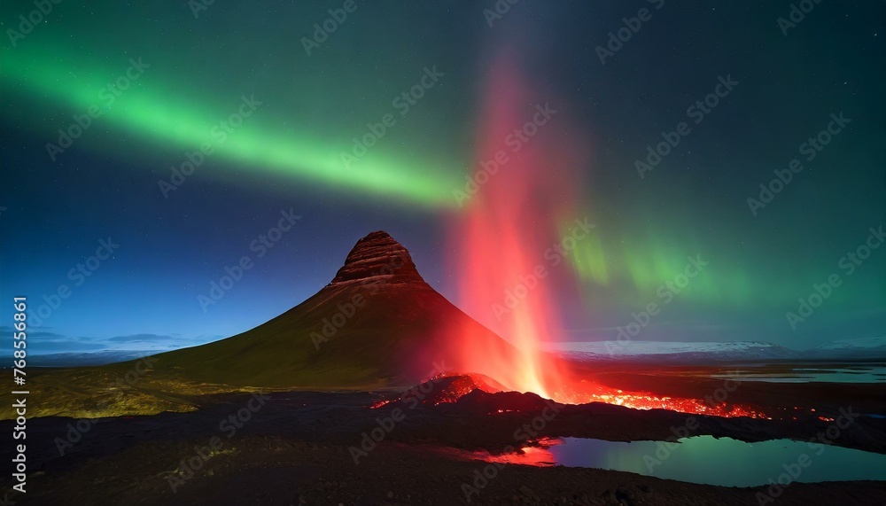 volcano erupting lava at night time with green northern lights in the background