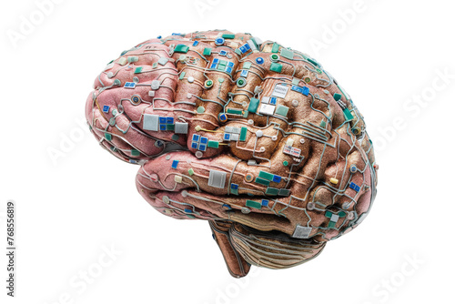 A brain with implanted computer chips isolated on a transparent background, Generative AI