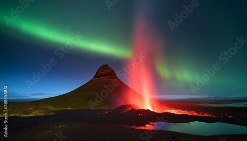 volcano erupting lava at night time with green northern lights in the background