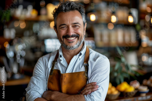 A man with a big smile on his face is standing in a kitchen with apron on. He is wearing a brown apron and a white shirt. Portrait happy cafe owner in apron standing with crossed arms in cafe