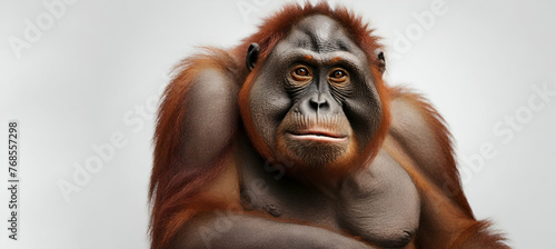 black face monkey in captivity looking so sad and lonelyA lone orang utan against a stark white background generative by ai...