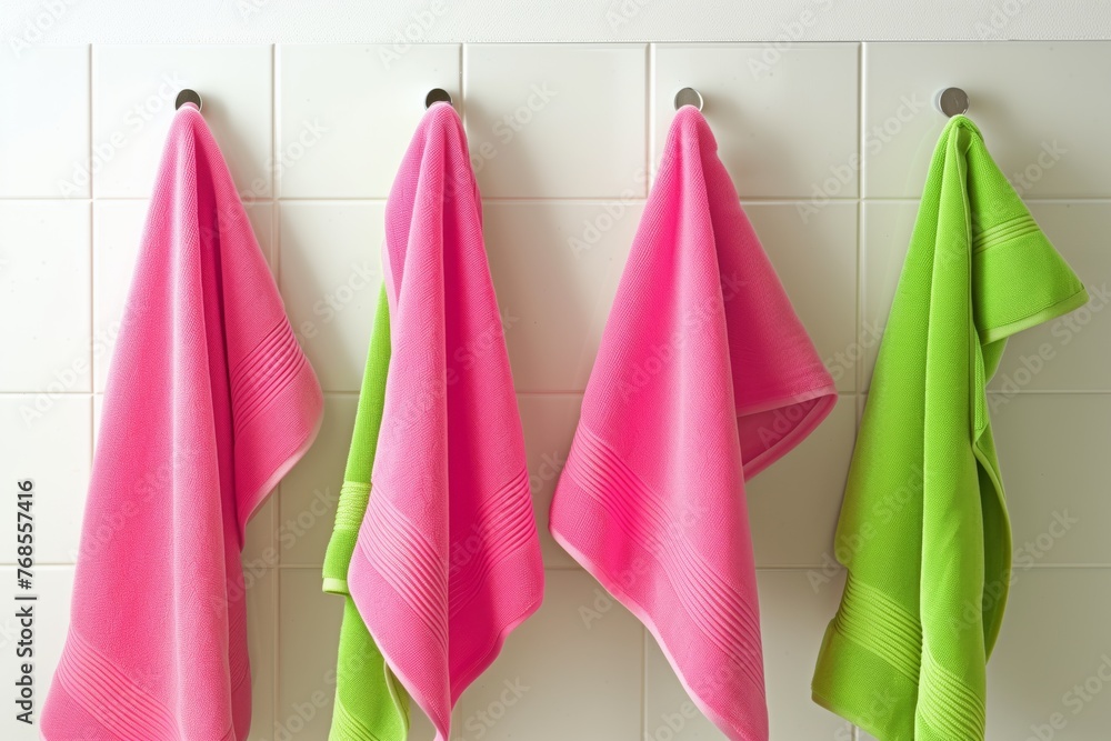 pink and green towels hanging on a kids bathroom wall