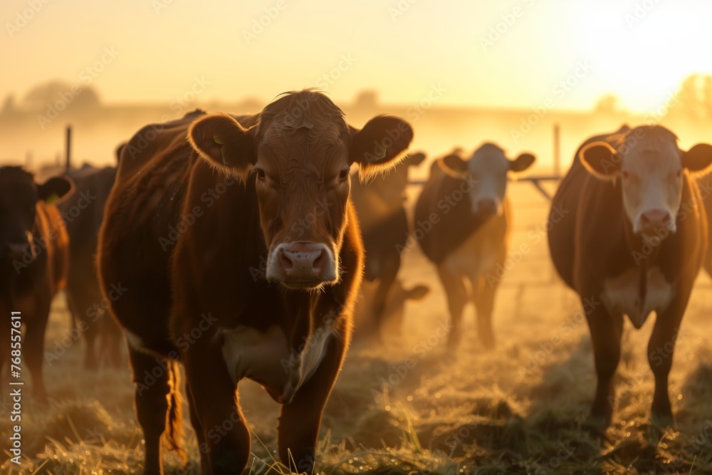 herd of cows at sunrise with mist, feeding on dewy grass herd of cows at sunrise with mist, feeding on dewy grass