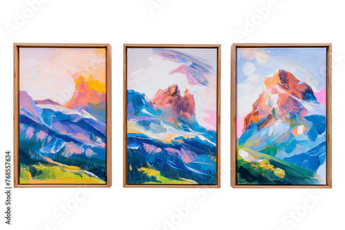 3 beautiful framed paintings with mountains isolated on transparent background  Generative AI