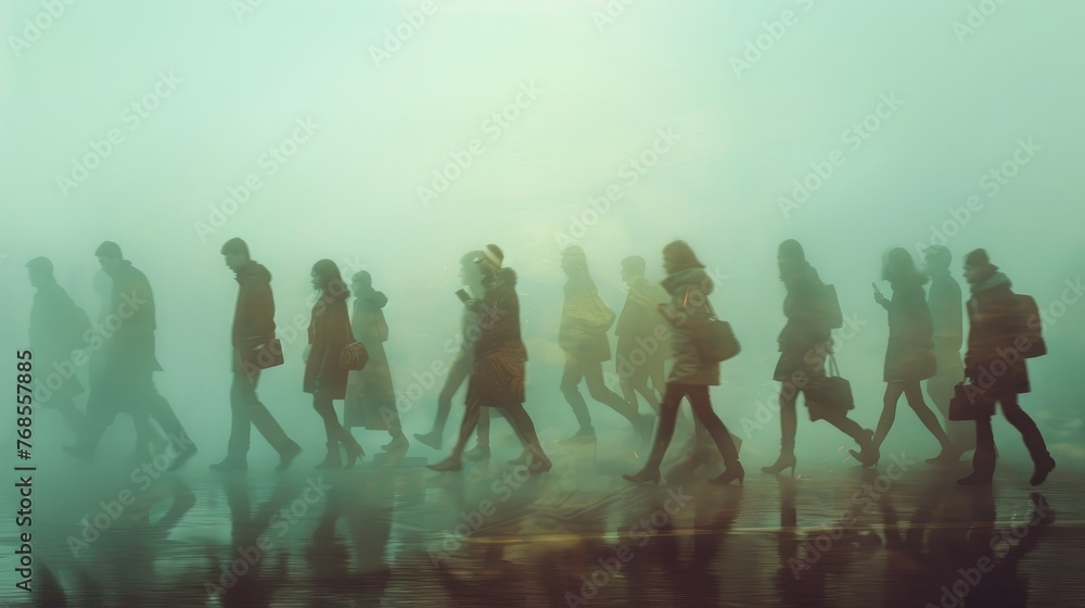 Silhouettes of people walking in fog, creating a mysterious and moody atmosphere.