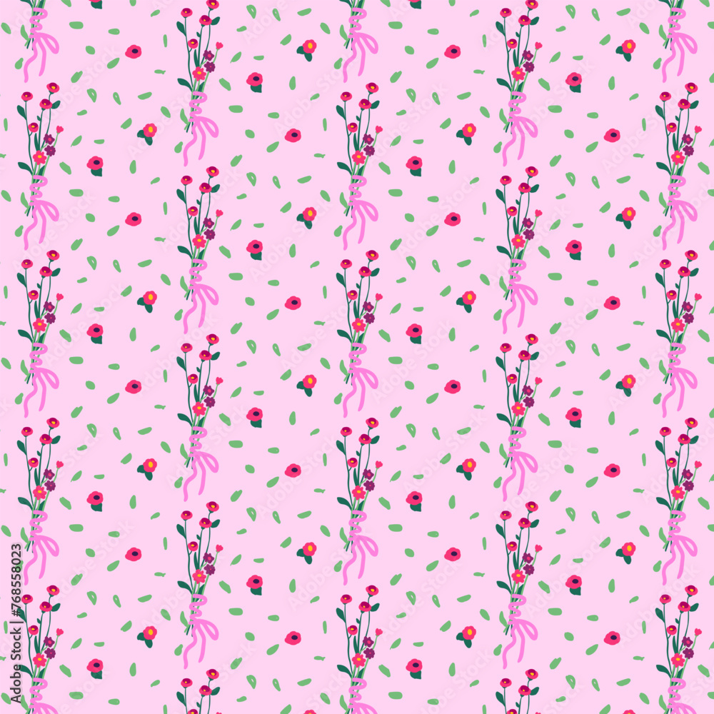 Pink seamless pattern with wild flowers. Spring floral background in retro style. Decorated backdrop for wallpaper and fabric with a bouquet. For bed linen, fabric and clothing. Vector illustration Pink seamless pattern with wild flowers. Spring floral background in retro style. Decorated backdrop for wallpaper and fabric with a bouquet. For bed linen, fabric and clothing. Vector illustration