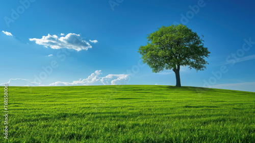 Tree stand on green field background, nature wallpaper for web or banner