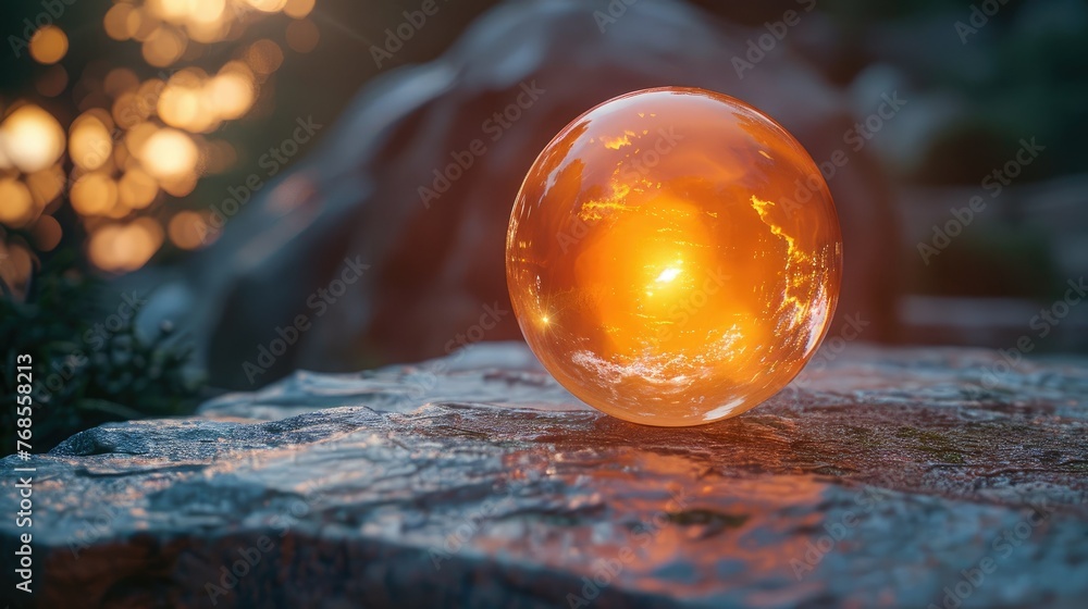 Crystal ball glowing with warm light on a rocky surface at dusk, with a blurred natural background. - obrazy, fototapety, plakaty 