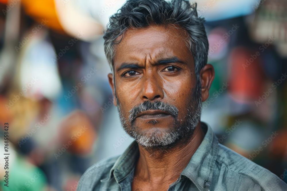 A man with a beard and grey hair is standing in front of a street. He is wearing a blue and a grey shirt. Indian man serious face portrait on city street A man with a beard and grey hair is standing in front of a street. He is wearing a blue and a grey shirt. Indian man serious face portrait on city street