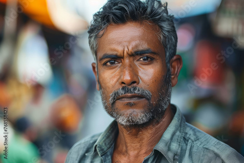 A man with a beard and grey hair is standing in front of a street. He is wearing a blue and a grey shirt. Indian man serious face portrait on city street