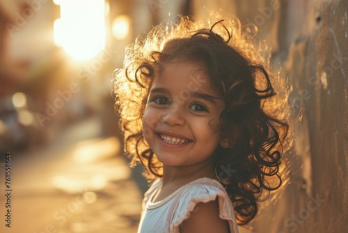Portrait of a beautiful smiling little girl with long curly hair. © Inigo
