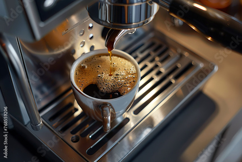 Male hand using modern coffee machine in the morning making coffee at home or in office.