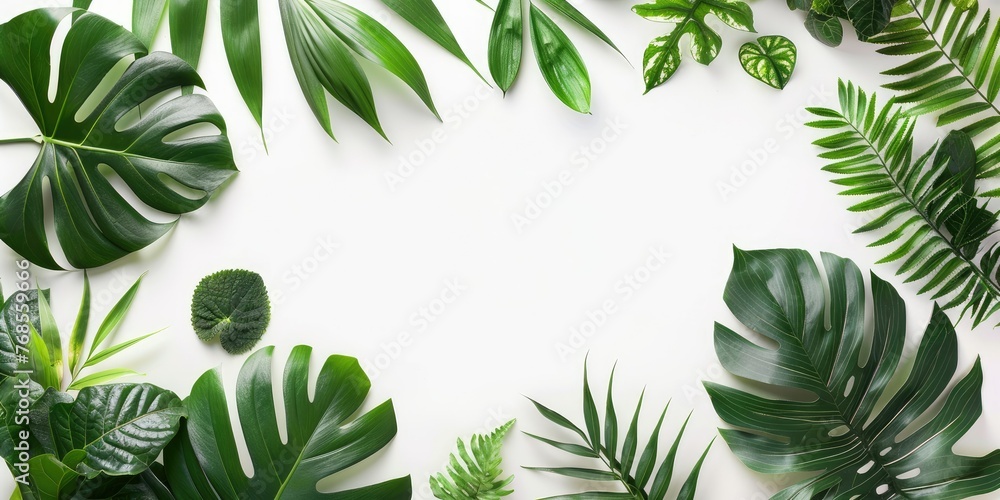 Tropical leaves frame on white background with copy space for design, top view. Tropical leaves frame on white background with copy space for design, top view.