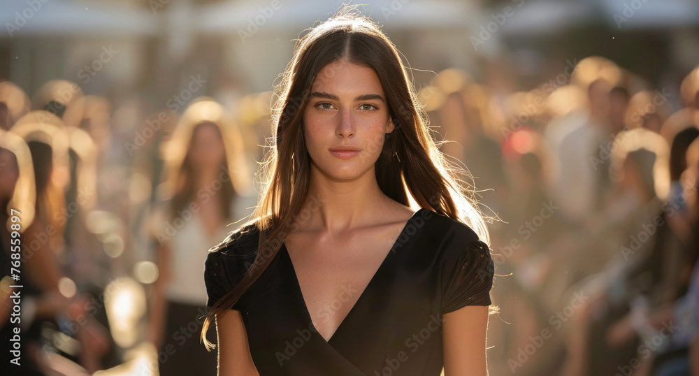 A beautiful brunette model with straight hair was in the middle of an elegant fashion show, wearing a black top and white skirt