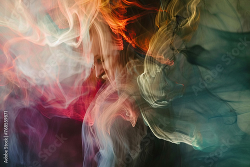 horizontal abstract image of a wavy transparent colourful background with a man profile seeing underneath the mesh waves