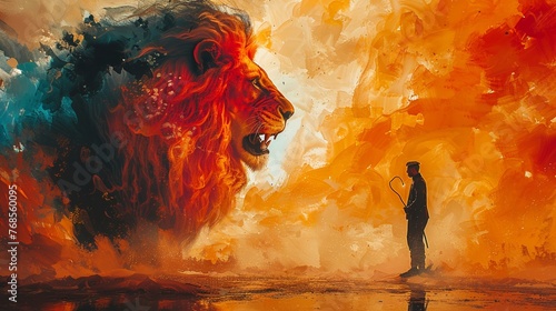 A bold lion tamer, with whip in hand and chair at the ready, commanding attention in a vibrant watercolor circus ring , 3D illustration