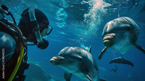Diver's Playful Interaction with Curious Dolphins Underwater  © Attila
