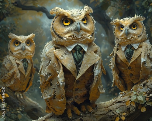 A conference of owls in suits, perched on ancient oak branches, deliberating wisdom in a twilight watercolor woodland , 3D style © PTC_KICKCAT