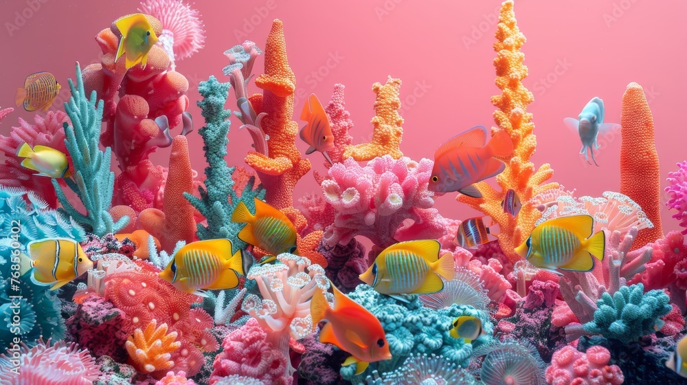 Vibrant underwater coral reef scene with tropical fish in a colorful ecosystem