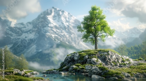 Lone tree on a lush hill with snowy mountain backdrop and clear blue sky.