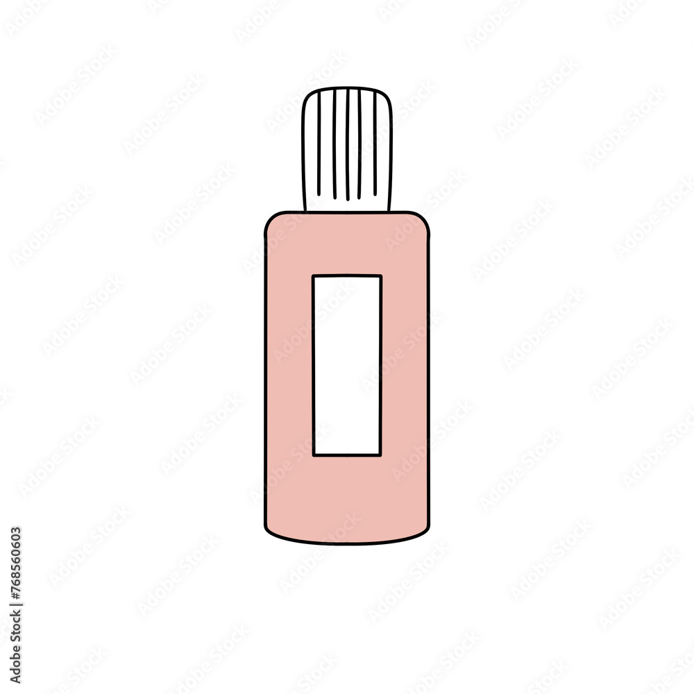 A bottle of perfume is drawn in a cartoon style. The bottle is pink and has a white label A bottle of perfume is drawn in a cartoon style. The bottle is pink and has a white label